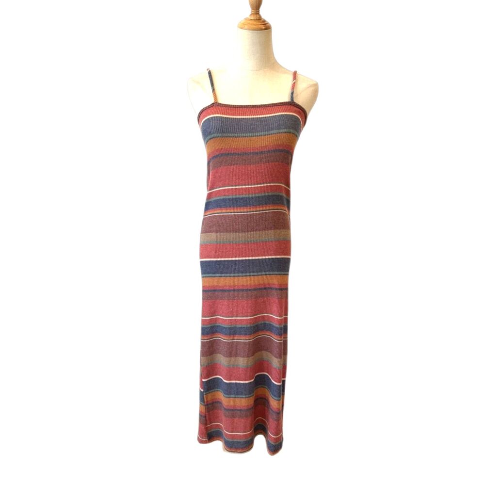 Bucketlist Midi Dress Striped Ribbed Knit Spaghetti Straps Bodycon Large
